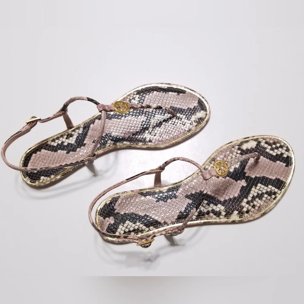 NIB Tory Burch Emmy Snake Printed‎ Leather T-Strap Flat Sandal in Misty Rose